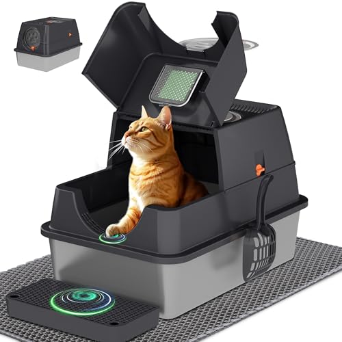 Citylife Stainless Steel Litter Box with Lid XL Large Enclosed Metal Box Anti-Leakagecat Litter Box Stainless Steel Includes Scoop, Mat, Odor Control Easy Cleaning, Dark Grey