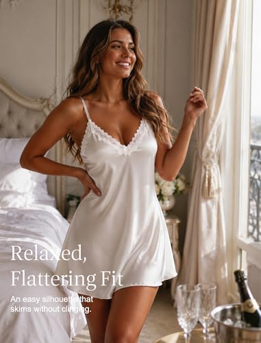 Image of Girece Sexy Night Gowns for Woman Silk Nightgown Lace Trim Sleep Dress Babydoll Lingerie Satin Nighty Negligee