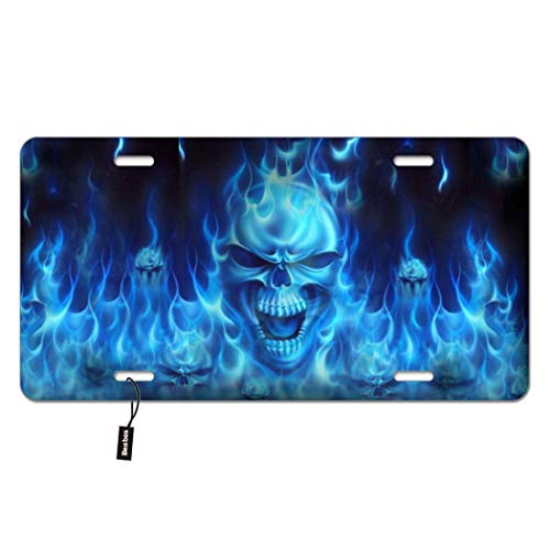 Beabes Blue Fire Skull Front License Plate Cover,Angry Skeleton In The Burning Fire Decorative License Plates For Car,Aluminum Novelty Auto Car Tag Vanity Plates Gift For Men Women 6X12 Inch #TOP2