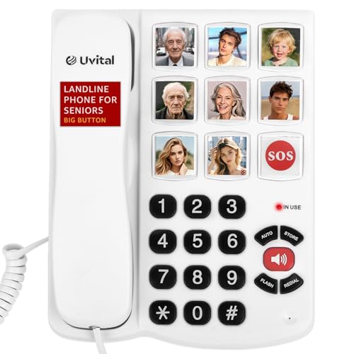 Big Button Phone for Elderly, Uvital Landline Phones with Loud Volume for Seniors, Speed Dial House Phone Telephone with Hearing Aid Compatible, Handsfree and Volume Adjustment
