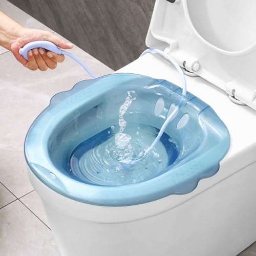 Sitz Bath for Hemorrhoids Women, Over The Toilet Sitz Bath, Anti-Overflow Sits Bath Kit, Portable Sitz Bath for Hemorrhoids (Blue, with Flusher)