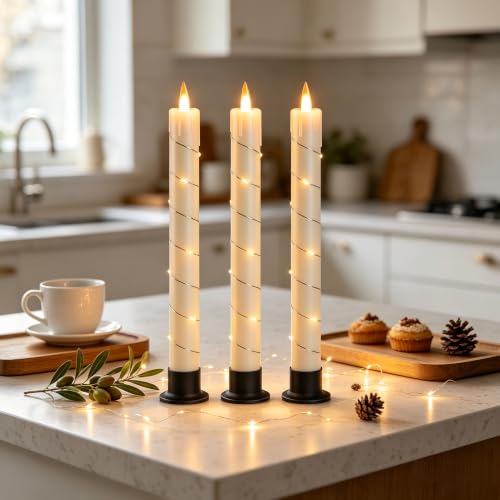 Image of 3 Pack Ivory Dripping Wax Flameless Candles, Realistic Dynamic Flame LED Taper Candles with Surrounding Fairy String Lights, Remote Control Battery Operated Candles for Home Wedding Holiday Decor