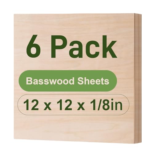 Wowood 6 Pack Basswood Sheets, 12 x 12 x 1/8 Inch, 3mm Plywood for Laser Cutting and Engraving, Thin Unfinished Wood, Architectural Models and DIY Wood Crafts