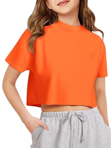Girls Athletic Oversized Crop Tops Kids Drop Shoulder Short Sleeve T Shirts Workout Tees 5-14 Years Orange