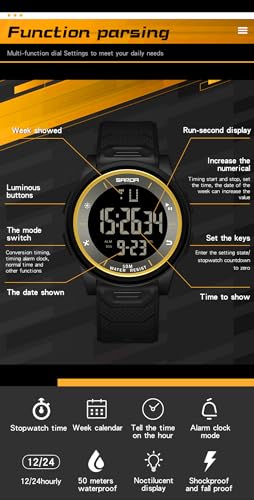 Gosasa Unisex Digital Sports Watch Waterproof 50M Lightweight LED Display Watch with Alarm, Stopwatch, Date & Week Display – Shockproof TPU Strap, 1.77" Dial, 0.086 lbs4