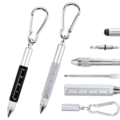 CODIRATO 2 PCS Bolígrafo Multifuncional, 6 en 1 Bolígrafo Táctico Multifunción, Mini Bolígrafo con Mosquetón, Herramienta Multifunción Regalos para Hombre, Dia del Padre Regalos (97 * 11mm)
