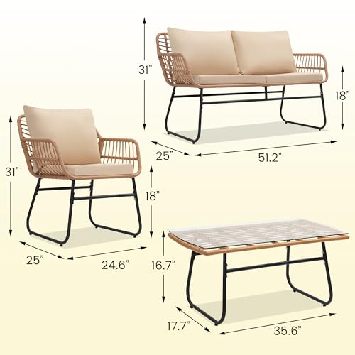 Image of Kromax 4-Piece Patio Bistro Outdoor Furniture Set, Natural /Beige | Outdoor All-Weather Wicker Furniture Chairs and Side Table Set, Ideal for Balcony, Porch and Backyard