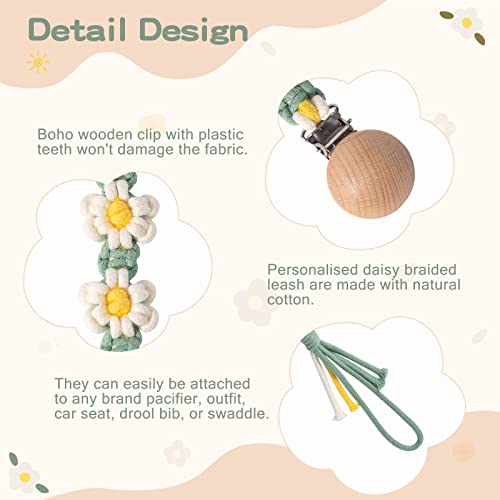 Image of Pacifier Clip for Boys Girls Floral Daisy Macrame Paci Clip Pacifier Holder Leash Boho Wooden Clips Handmade Braided Cotton Unisex Baby Shower Birthday Gift
