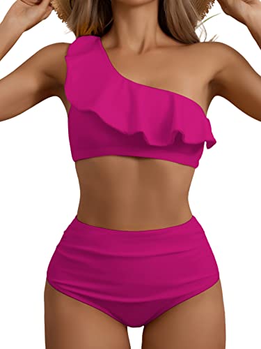 Eomenie Women One Shoulder Ruffle Two Piece Swimsuits High Waisted Tummy Control Bikini Sets 2 Piece Bathing Suits Hot Pink