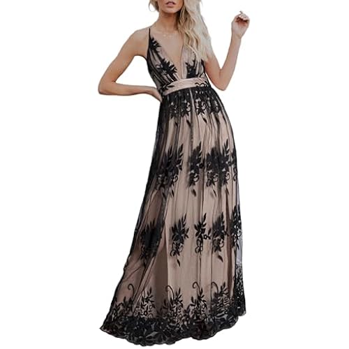 Dokotoo Womens Formal Dresses Deep V-Neck Embroidered Lace Mesh Evening Party Prom Dress Long Wedding Dress