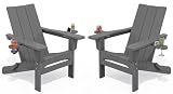 SERWALL Outdoor HDPE Adirondack Chair Set 2，Folding Adirondack Chair with Cup Holders, All Weather Resistant Modern Adirondack Chair, Gray