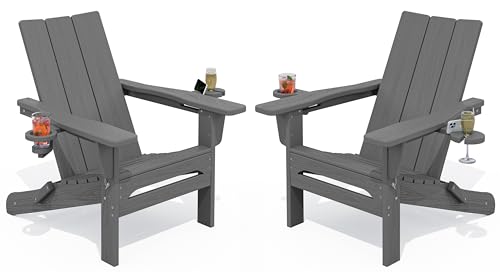 SERWALL Modern Folding Adirondack Chairs Set of 2, HDPE, Cup Holders, Gray