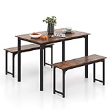 IFANNY Dining Table Set with 2 Benches, Industrial Kitchen Table & Chairs with Metal Frame, Space-Saving Breakfast Nook Table Set, 3 Piece Dinette Set for Farmhouse, Bar, Restaurant (Brown)