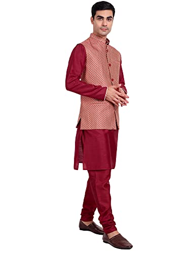 Image of Silk Blend Men's Kurta & Pant With Nehru Jacket Wedding Waistcoat