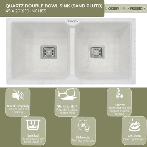 Image of EVANEX Quartz Kitchen Sink|Double Bowl Sink for Kitchen|Topmount /Undermount Kitchen Sinks|Sand Pluto Double Sink with Connector, Waste Pipe, Coupling and Drain Basket|45x20x9 Granite Kitchen Sinks
