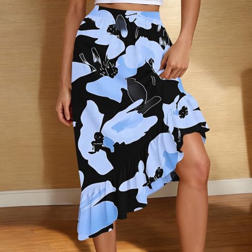 Women's Fashion Print A-Line Skirt, High Waist Ruched Irregular Ruffle Hem Skirts Beach Party Casual Clothes2