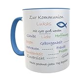 Tasse zur Kommunion personalisierbar mit Namen – 330 ml Becher mit christlichen Werten, Glaube Liebe Hoffnung (blau)