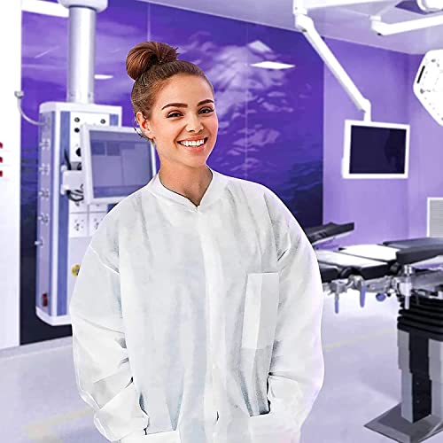 Amz Medical Supply Disposable Lab Coats For Adults Large, White Medical Disposable Clothing 10 Pack, Splash-Proof Sms 40 Gsm Lab Coats Disposable With Long Sleeves, Knit Collar, Cuffs, 3 Pockets #TOP5