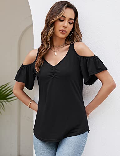 Micoson Cold Shoulder Tops for Women Summer Short Sleeve Shirts Ladies Floral Ruched Blouse Classic Cute V Neck Tunic2