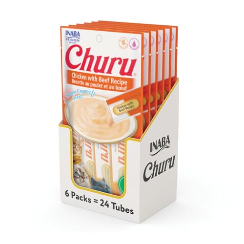 Image of INABA Churu Cat Treats, Grain-Free, Lickable, Squeezable Creamy Puree Cat Treat /Topper with Vitamin E & Taurine, 0.5 Ounces Each Tube, 24 Tubes (4 per Pack), Chicken with Beef Recipe