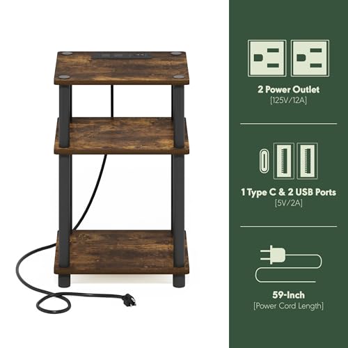 Image of Furinno Just 3-Tier Turn-N-Tube USB and Type-C Charging Port End Table with Open Storage, Amber Pine /Black, Set of 2