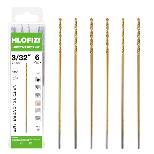 HLOFIZI 3/32 x 6 Inch Extra Long Drill Bits (6 Pack), Aircraft Drill Bit Titanium M2 High Speed Steel for Wood, Plastic, PVC, Thin Metal Sheet