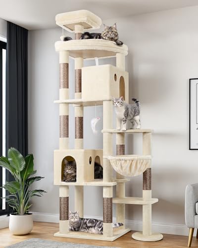 Globlazer Árbol Rascador Beige XXL Alto 213 cm con 2 Grande Nidos, 55 * 45CM Plataformas Acolchada, Percha Superior, Cesta, Juquetes Gatos, Lujo Rascador para 3-5 Grande Gatos Adultos (F83, Beige)