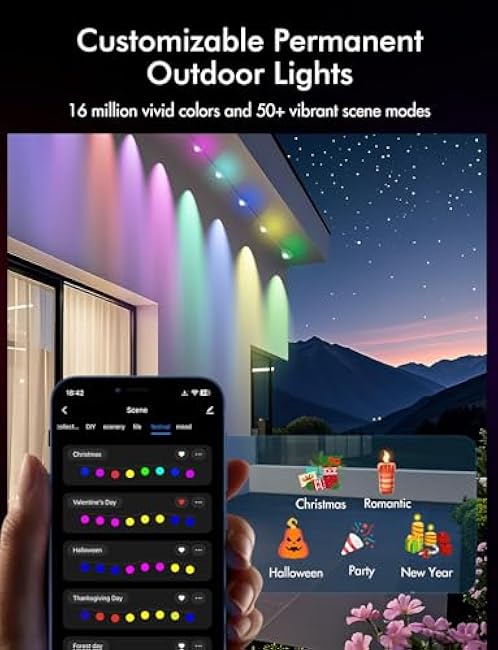 Permanent Outdoor Lights, Smart RGBIC Outdoor Lights with Multi Scene Modes, 124ft with 72 LED Lights, IP67 Waterproof, Alexa/Google Compatible, All-Weather Defense & 10-Second Quick Installation