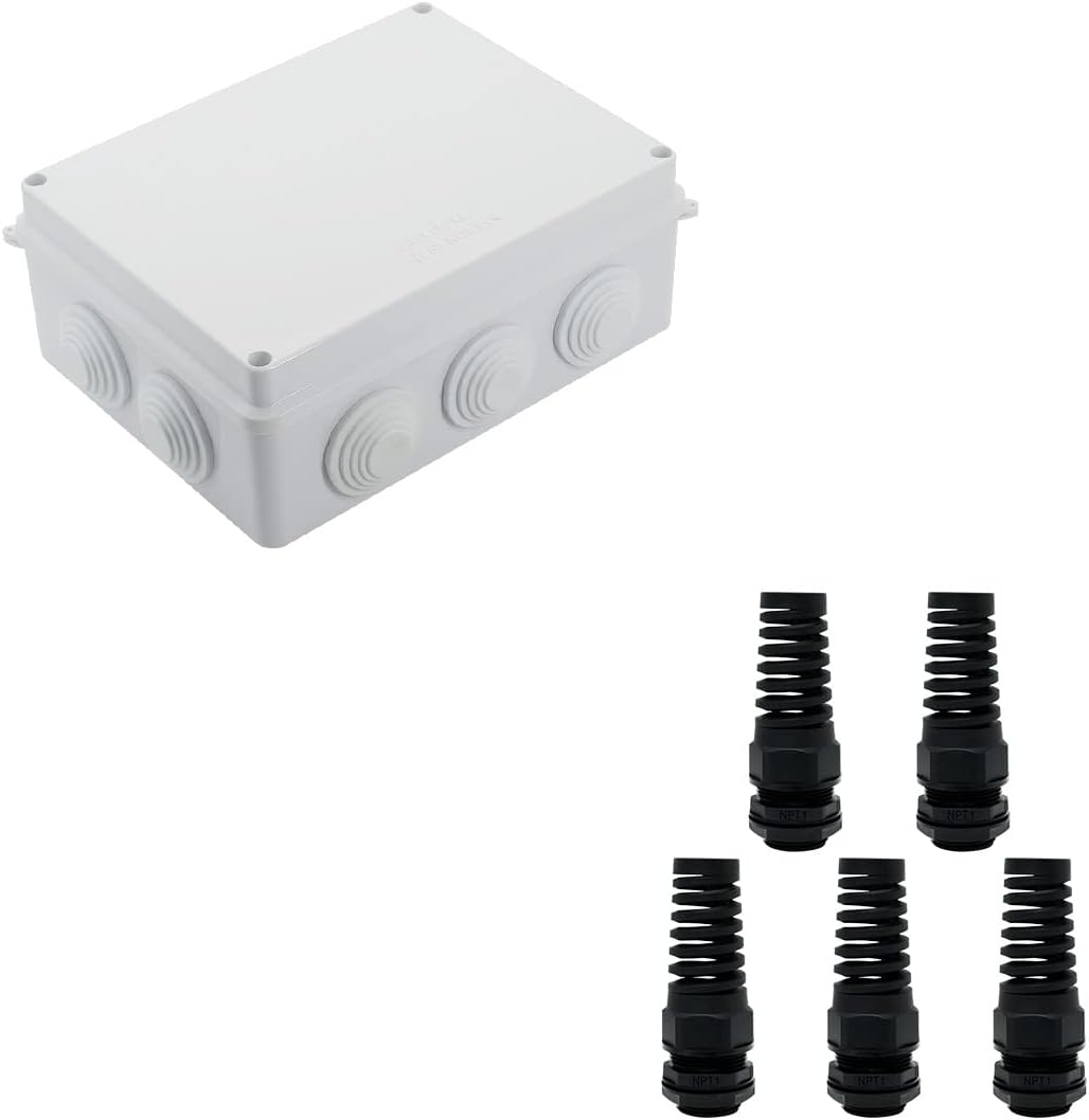 LeMotech IP65 Junction Box Waterproof 7.9 x 6.1 x 3.1 inch and 5Pcs NPT 1" Cable Gland Flex Spiral Strain Relief