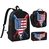 VKKOEWL Baseball Drip Ice Cream American Flag Game Day 17 Inch Backpack Sets Lunch Bag Lightweight Daypack for Men Women 3Pcs
