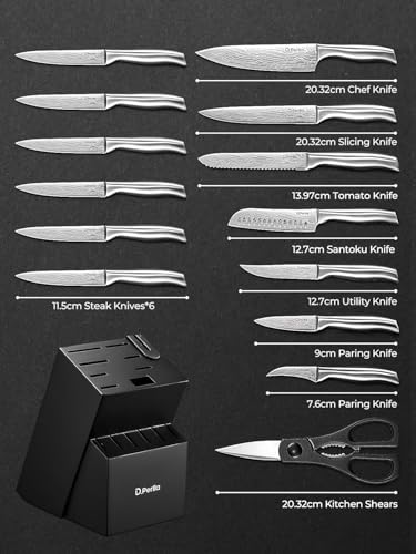 D.Perlla Knife Set with Block, 15 Pieces with Built-in Sharpener, High Grade Stainless Steel Kitchen Knife Set with Knives, Steak Knives, Scissors for Chopping, Slicing, Dicing, Sharp and No Rust
