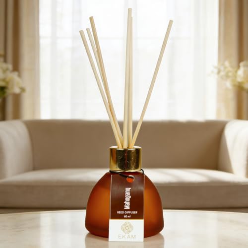 Image of EKAM Mahogany Reed Diffuser Set 60ml | Frosted Glass Bottle with 6 Natural Reed Sticks | Aromatherapy & Stress Relief | Long-Lasting(Up to 30 Days), Smoke-Free Air Freshener for Home, Bedroom & Office