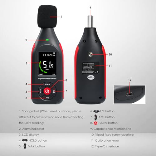 GAIN EXPRESS Dezibelmesser, Dezibelmessgerät mit Datenlogger, Schallpegelmesser mit 30-130db Messung, 31.000 Datensätze, 3-Farbiger Lichtalarm, Wiederaufladbar dB-Messgerät für Zuhause, Klassenzimmer
