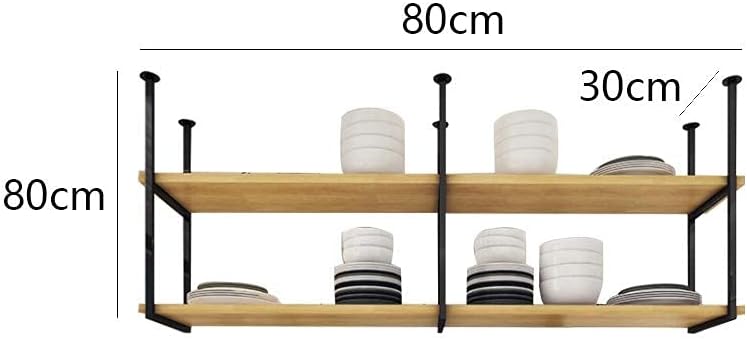2-Layer Black Wrought Iron Ceiling Frame Nordic Solid Wood Shelf Hanging Storage Rack for Restaurant and Bar 4 Sizes (80 * 30 * 80cm)
