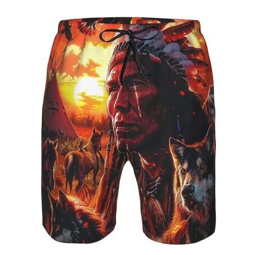 Native American Chief Horse Wolve and Eagle Orange Men's Quick Dry Swim Shorts, Mesh Lined Beach Trunks with Pockets