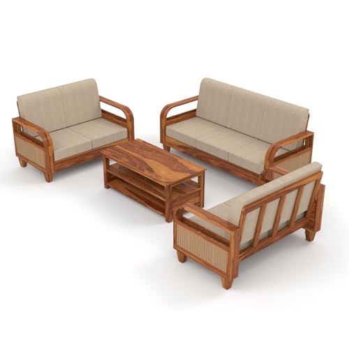 Image of Sheesham Wooden 7 Seater Sofa for Living Room | Solid Wood Sofa with Rattan Cane Side Rack | Rosewood Sofa Set for Home & Office | Lounge (Honey, 3+2+2 Seater)
