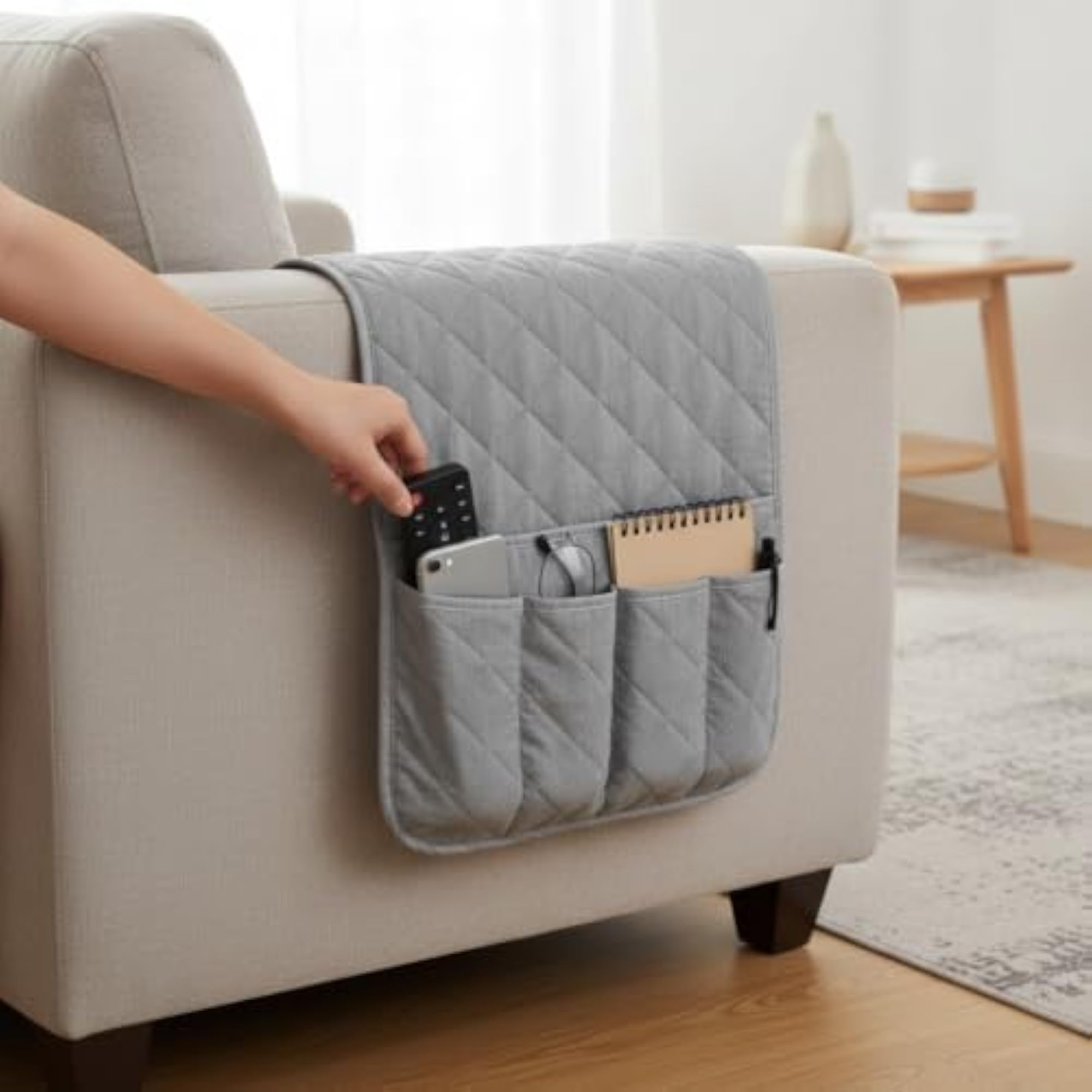 Sofa Armrest Organizer with Side Pocket, Bedside Hanging Storage Bag