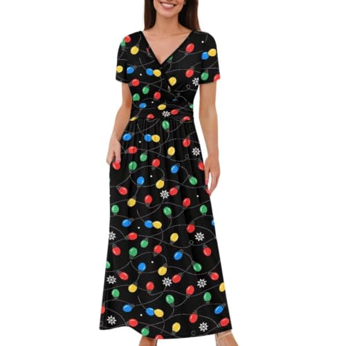 Image of Women's Fall Summer Short Sleeve Ankle Length V-Neck Party Dress with Pockets Size S-3XL