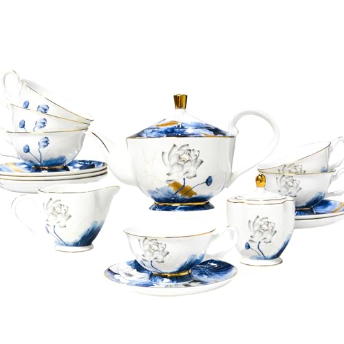 21-Piece Bone China Tea Set for Adults, Blue and White Porcelain Tea Set, Fine Bone China Tea Cups and Saucers for 6, Vintage Tea Set for Women Tea Party or Gifts Giving (21, Blue)