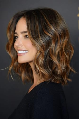 AISI HAIR 14 Inch Highlights Caramel Brown Wigs for Women - Shoulder Length Wave Wig with Pre-Cut Lace Hairline, Middle Part Natural Wavy Bob Synthetic Heat Resistant Fiber for Daily and Party