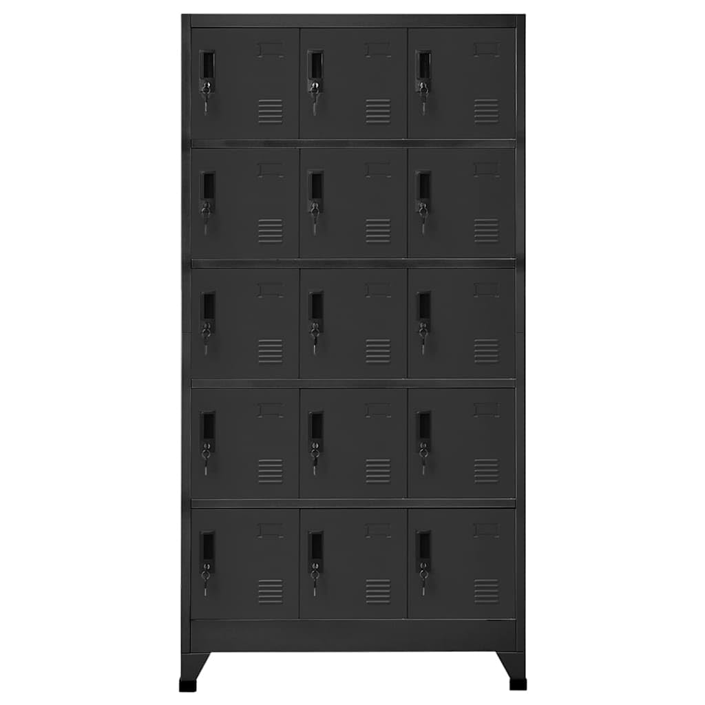 Schließfachschrank Anthrazit 15 Fächer, Metallschrank aus Stahl 90x40x180 cm, Stabiler Spind für Büro, Schule und Fitnessstudio, Wertfachschrank mit Lüftungsschlitzen