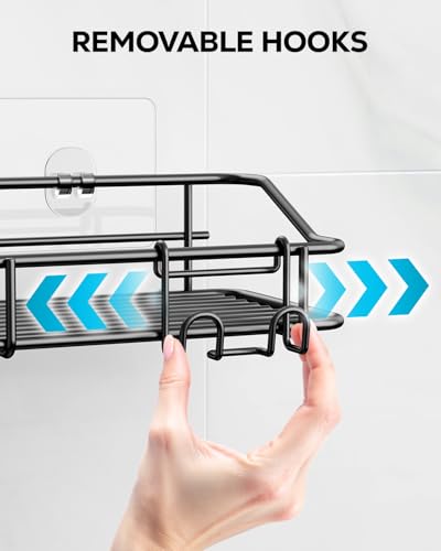 Image of Nieifi Shower Shelf without Drilling, Shower Baskets Shelves with Hooks, Self-Adhesive, Bathroom Shelf, Storage Rack, for Bathroom, Washroom, Kitchen, Stainless Steel Design, Pack of 2, Black