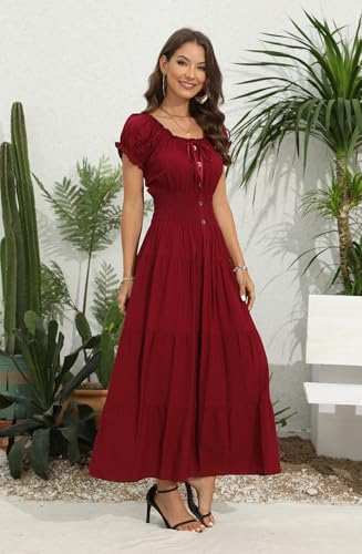 Image of OSTOO Women's Floral Maxi Dress Boho Summer Short Sleeve Smocked Waist Tiered Long Dress