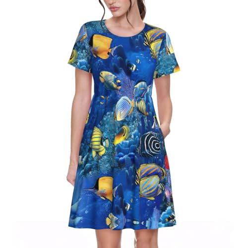 Robe d'été élégante à manches courtes motif poissons chic femme