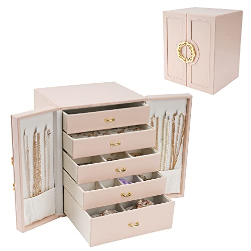 Jewelry Box For Women Jewelry Organizer Storage Box Necklace Organizer Sunglasses Jewelry Organizer Ring Organizer 6 Tier Drawers Faux Leather Velvet Lining, Gift For Girls Or Women (Pink) #TOP2