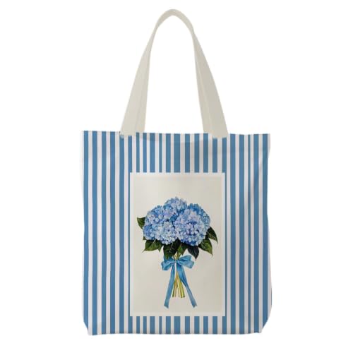 Likjad Dark Blue Hydrangea Floral Stripe Tote Bag for Women,15 x 15.4 Inch