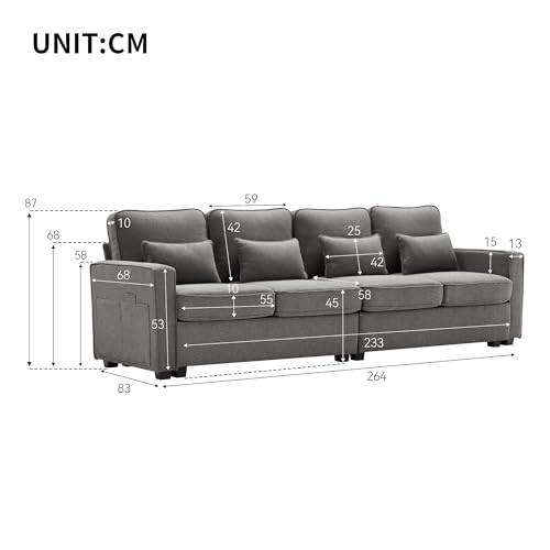 Merax Sofa 4 Sitzer Couch aus Leinenstoff, Big Sofa mit Bequeme Polsterung, für Wohnzimmer/Schlafzimmer/Gästezimmer, mit Armlehnen-Taschen und 4 Kissen, Dark Gray – Bild 3