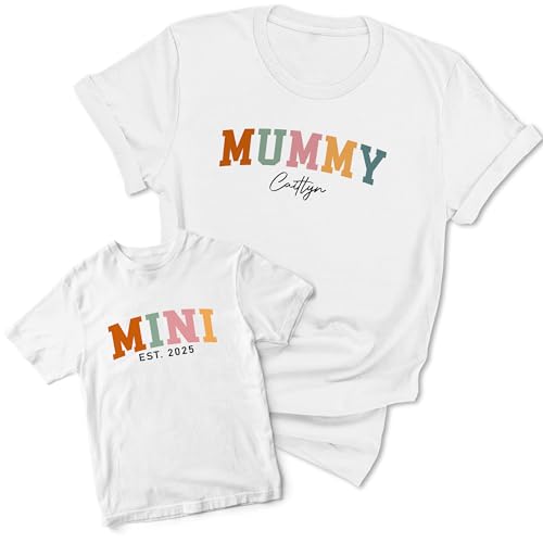 Purple Print House Mummy and Mini Matching T Shirt - Est Date Custom Names - Toddler Mum Daughter Spring Top, 0-3 Months, White