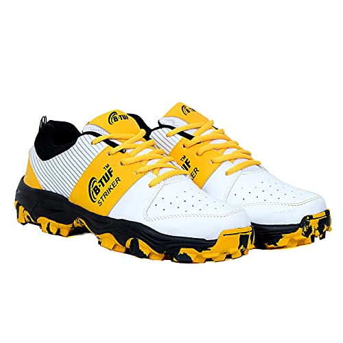 Image of B-TUF Striker Cricket Shoes /Studs Spikes Sports for Men Boys Unisex Kids|Lightweight and Durable | Stylish Sports Shoes | (White /Black /Yellow)