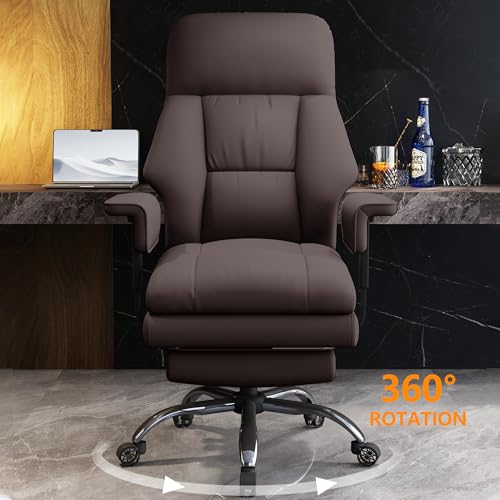 Image of Office Chair with Leg Rest, Leather High Back Executive Office Chair with Wheels, Ergonomic Desk Chairs with Lumbar Support for Home Office, Brown
